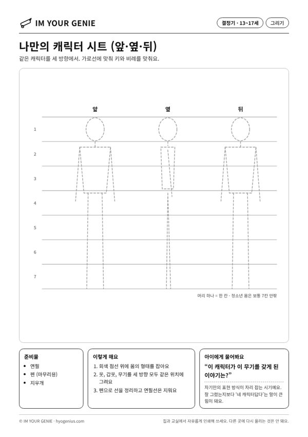 나만의 캐릭터 시트 (앞·옆·뒤) 미리보기